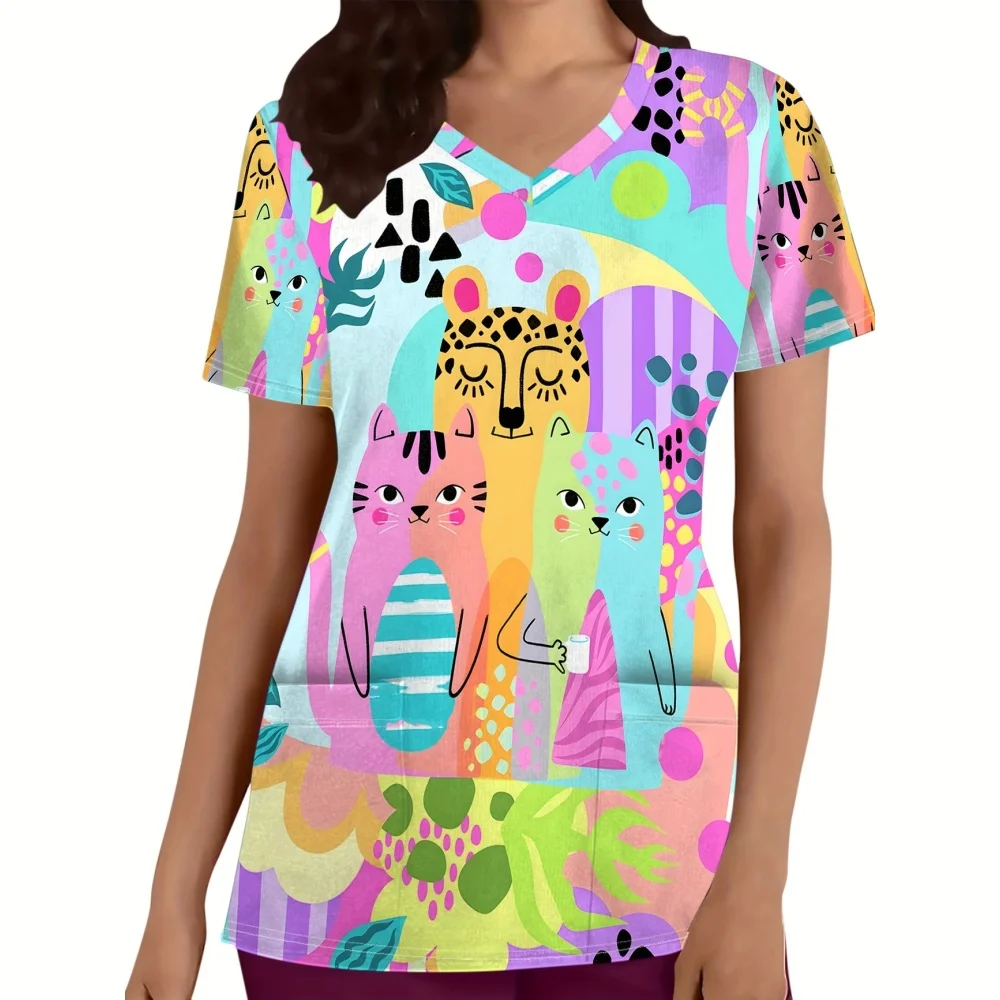 Leuke Kat Print Klinisch Uniform Vrouw Zomer Mode V-hals Scrubs Vrouw Casual Korte Mouw met Pocket Top Verpleegster Uniform Vrouw