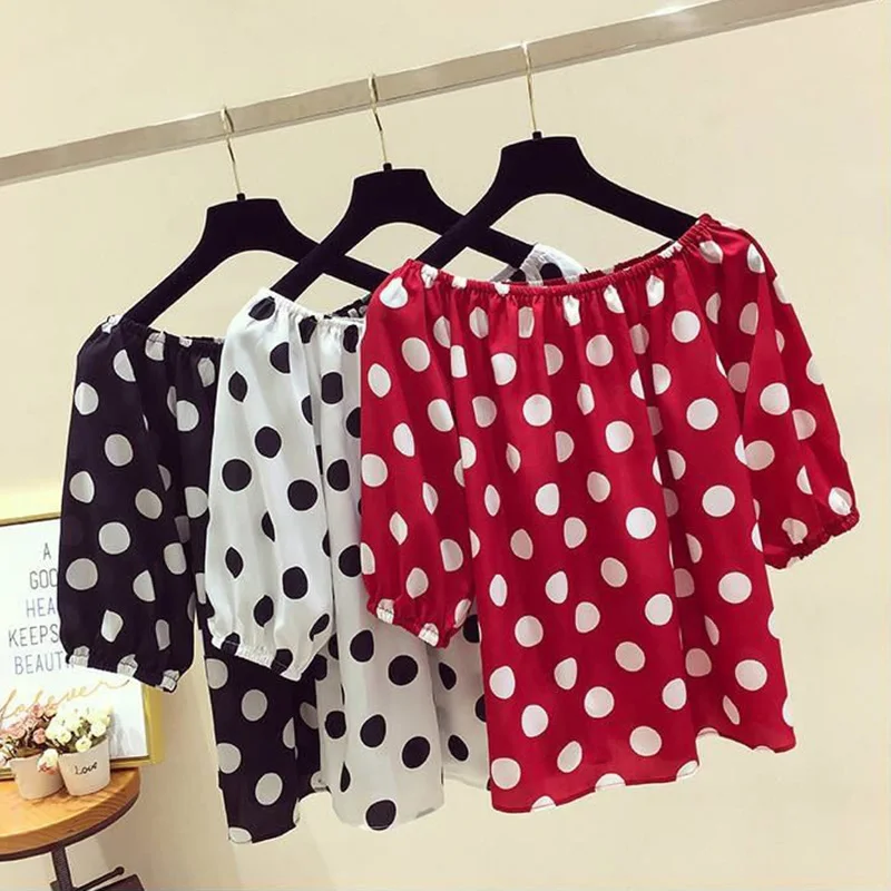 Black Polka Dot Print Chiffon Slash Neck Short Sleeve Loose Women\'s Blouse Shirt Korean Fashion Female Clothing Tops 2024 Summer