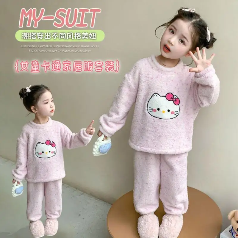 

Пижамный комплект Sanrio Hello Kitty для девочек Kawaii Y2K, детская одежда в стиле аниме, осенне-зимняя утепленная домашняя одежда, фланелевая детская новинка