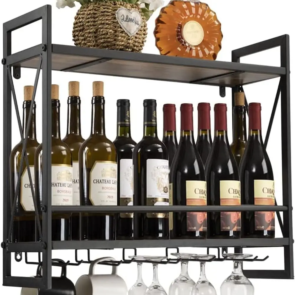 

Rustic 2-Tier Wooden Wine Rack with 5 Glass Holders and 2 Metal Baskets for Storage