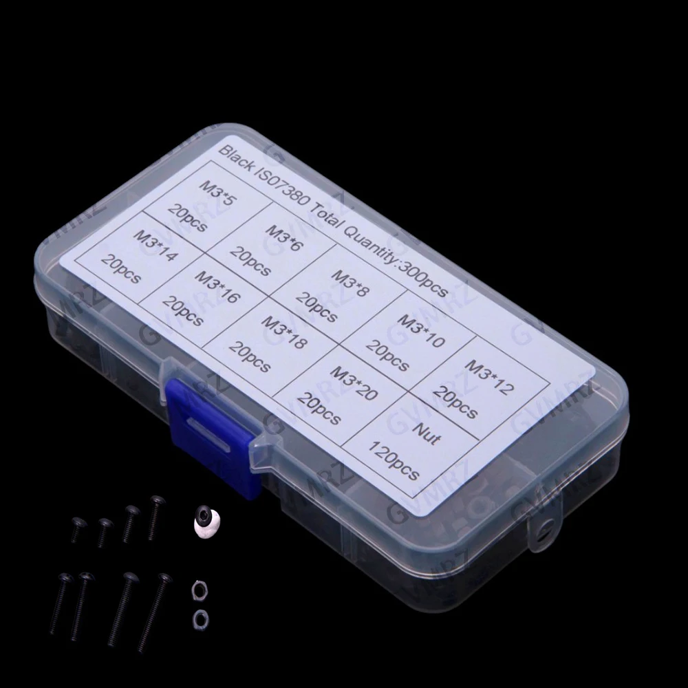 300PCS M3*5 M3*6 M3*8 M3*12 M3*14 M3*16 M3*18 M3 Black Pan Head Hex Socket Screws M3*20 M3 Nut M3X20 M3X18 M3X6
