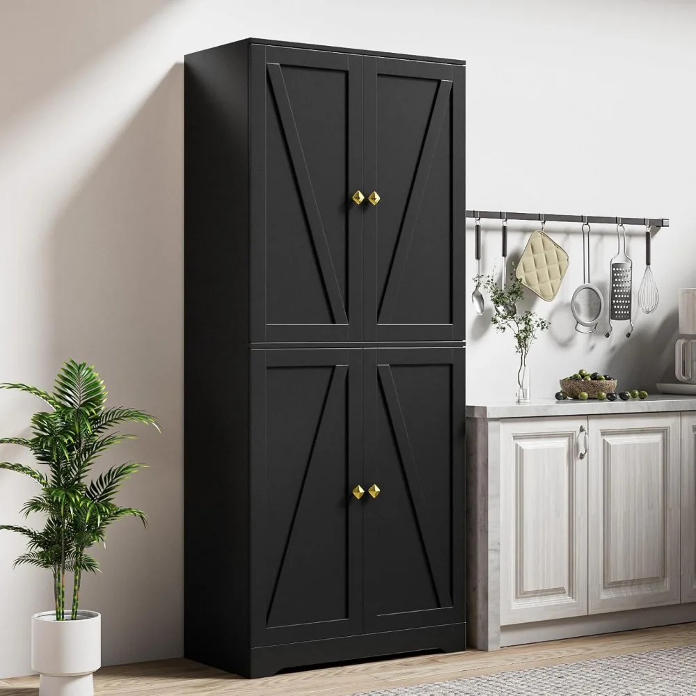 

Kitchen Pantry Storage Cabinet 72“ Tall, Farmhouse Pantry Cabinet with Barn Doors and Adjustable Shelves, Black Storage