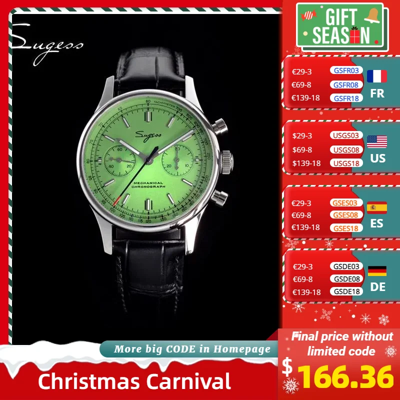Sugess-Montre Pilote pour Homme, Chronographe, Saphir Crysta, Montres-Bracelets Mécaniques, Mouvement Tianjin ST1901, Waterpoorf Green, 40mm, 1963