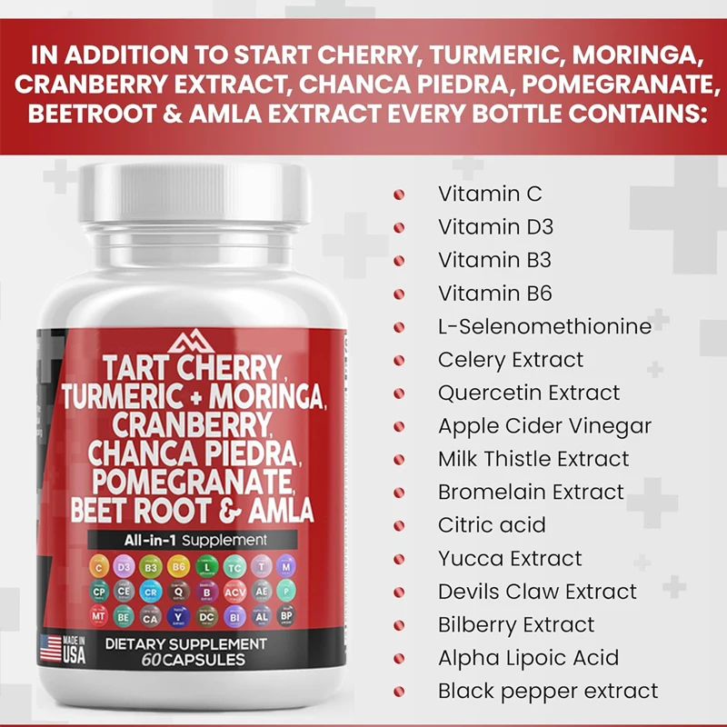 Sour Cherry Extract 60 Capsules 20000 mg Turmeric 8000 mg Moringa 4000 mg Cranberry Celery Quercetin Selenomethionine Urea