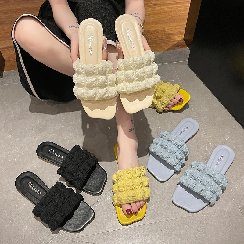 Shallow Shoes Womens Slippers Outdoor Slides Low Shale Female Beach Fashion Pantofle Sabot Soft Luxury 2023 Summer Flat Fabric B