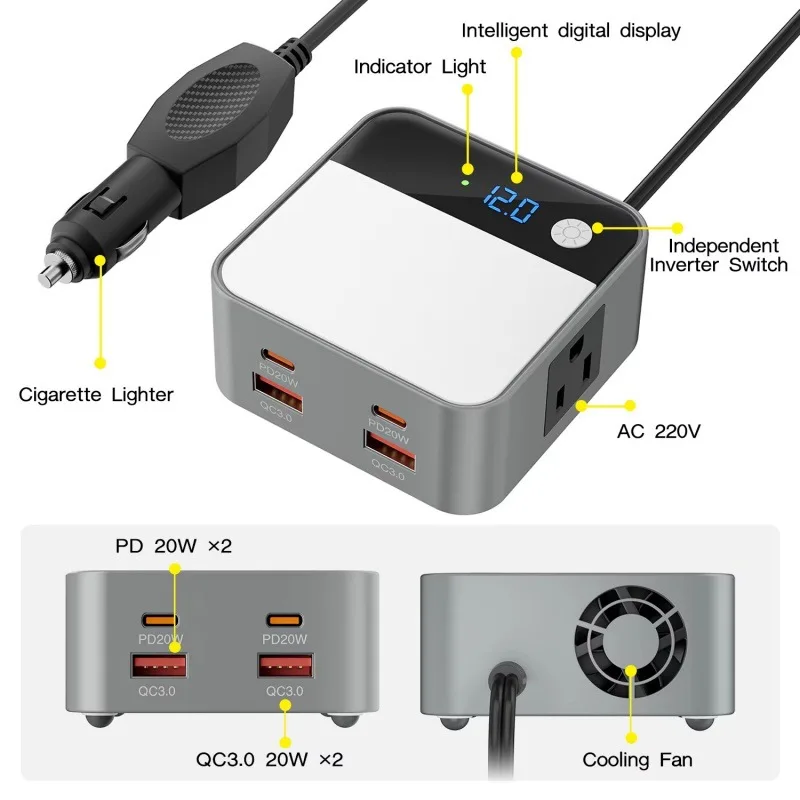 200W Car Socket Charger Adapter DC 12V To AC 110V Car Adapter Portable Fast Charging Port Car Inverter for Camping and Road Trip