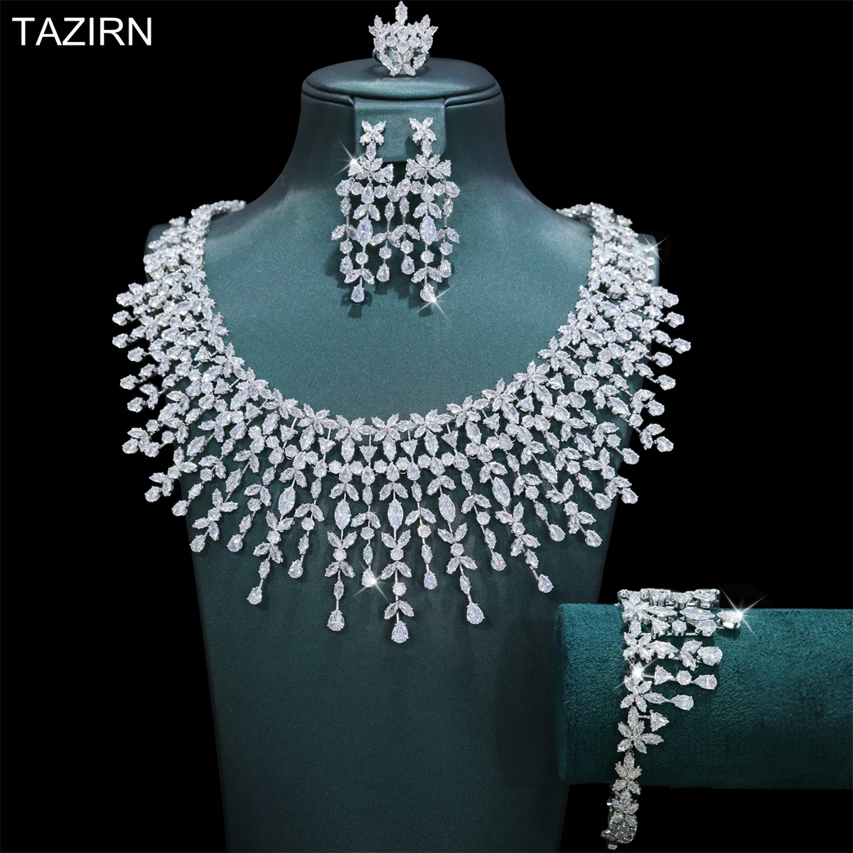 

TAZIRN CZ Luxury Jewelry for Women Bridal Jewelry Set for Wedding Anniversary Silver Necklace and Earring Bracelets Rings Sets