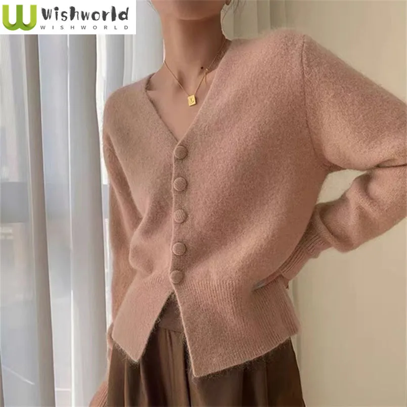 

Japanese Solid Color Western-style Knitted Cardigan Women's Spring and Autumn New Style Loose V-neck Casual Waist Sweater