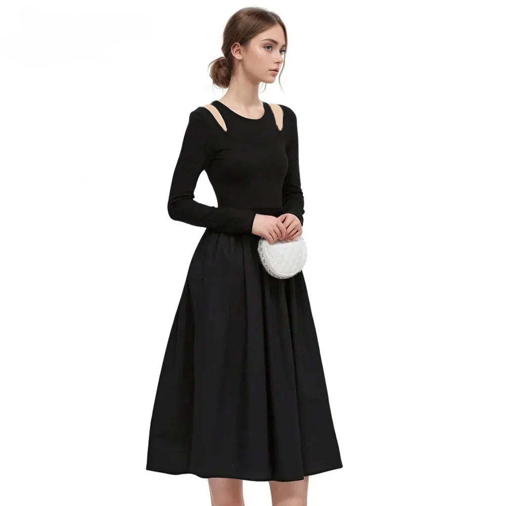 

Eleght Solid Hollow Out Casual Dresses For Women Round Neck Long Sleeve High Waist Minimalist Slimming Dress Female Fashion