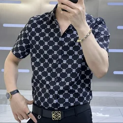 England Style Summer New Smart Casual Fashion Luxury Short Sleeved Shirt Men's Lapel Button Letter Printed Breathable Thin Top