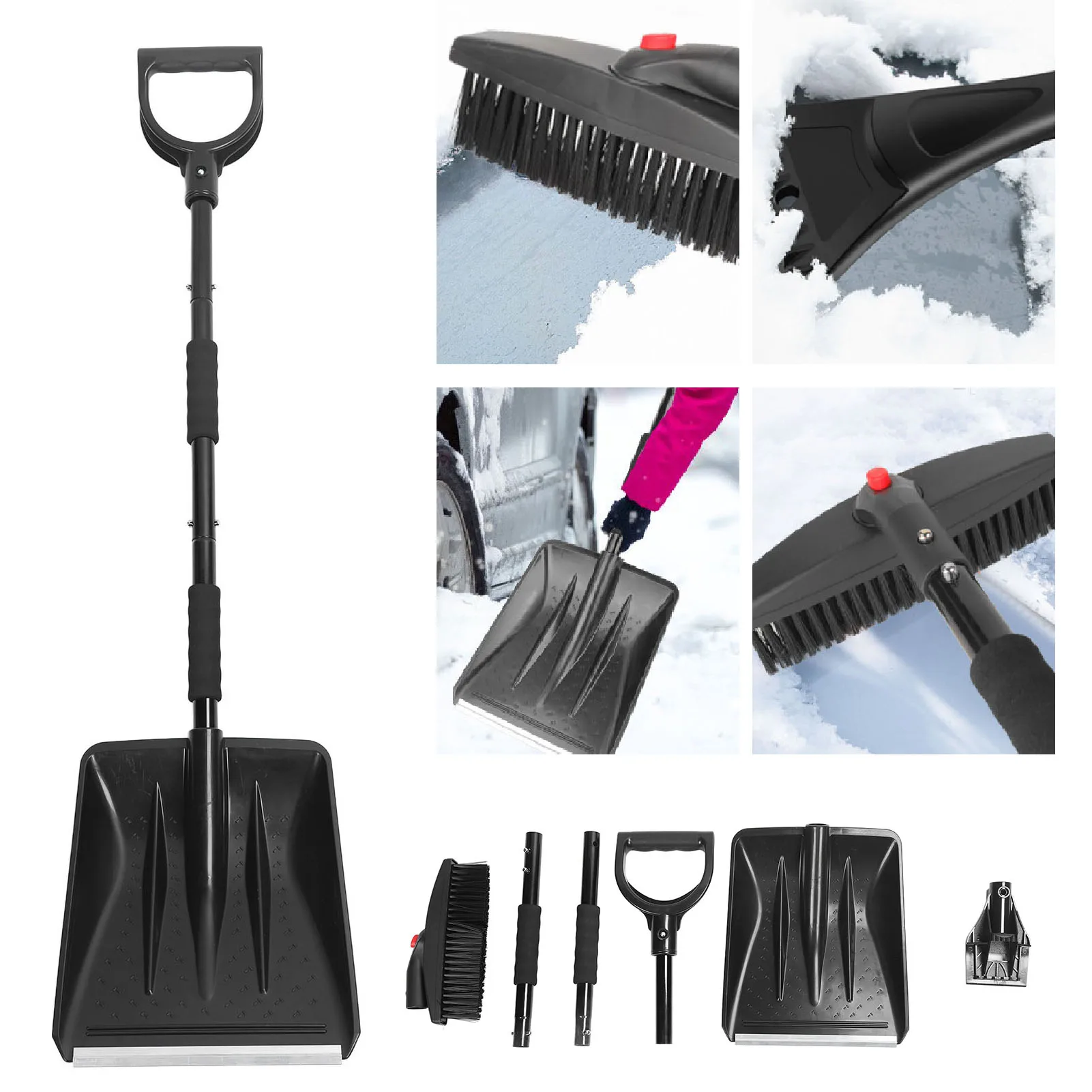 3 in 1 Snow Shovel Set Portable Collapsible Snow Shovel with Ice Scraper Brush for Garden Camping Car Black