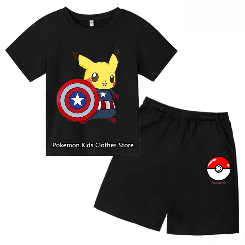 Summer kids pokemon T-shirt Set Boys' Clothing Leisure Cotton Pikachu Short Sleeve Preschool 3-12 years old Cartoon Animal Print