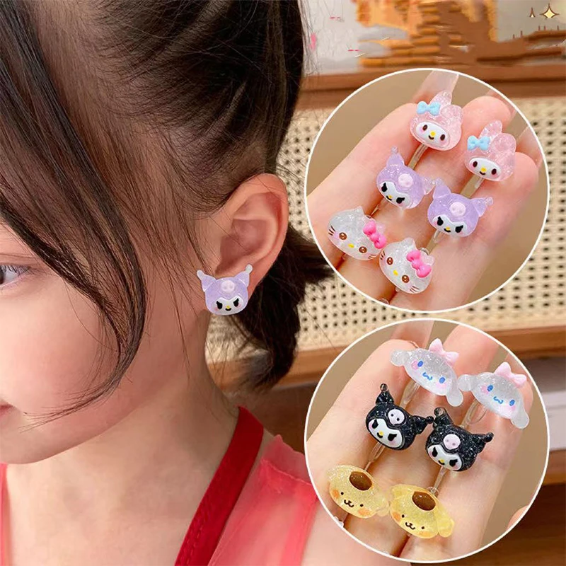 1Pair Sanrio Anime Earrings Cute Cinnamorolls My Melodys Kuromis Resin Girlfriend Girl's Ear Clip Stud Earrings Jewelry Gift