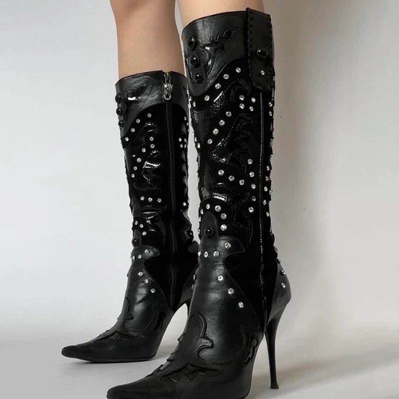 

Embroidered Cowboy Boots Rhinestone Detail Pointed Toe Stiletto Heels Side Zip Fashion Vintage Women Sexy Knee High Boots New