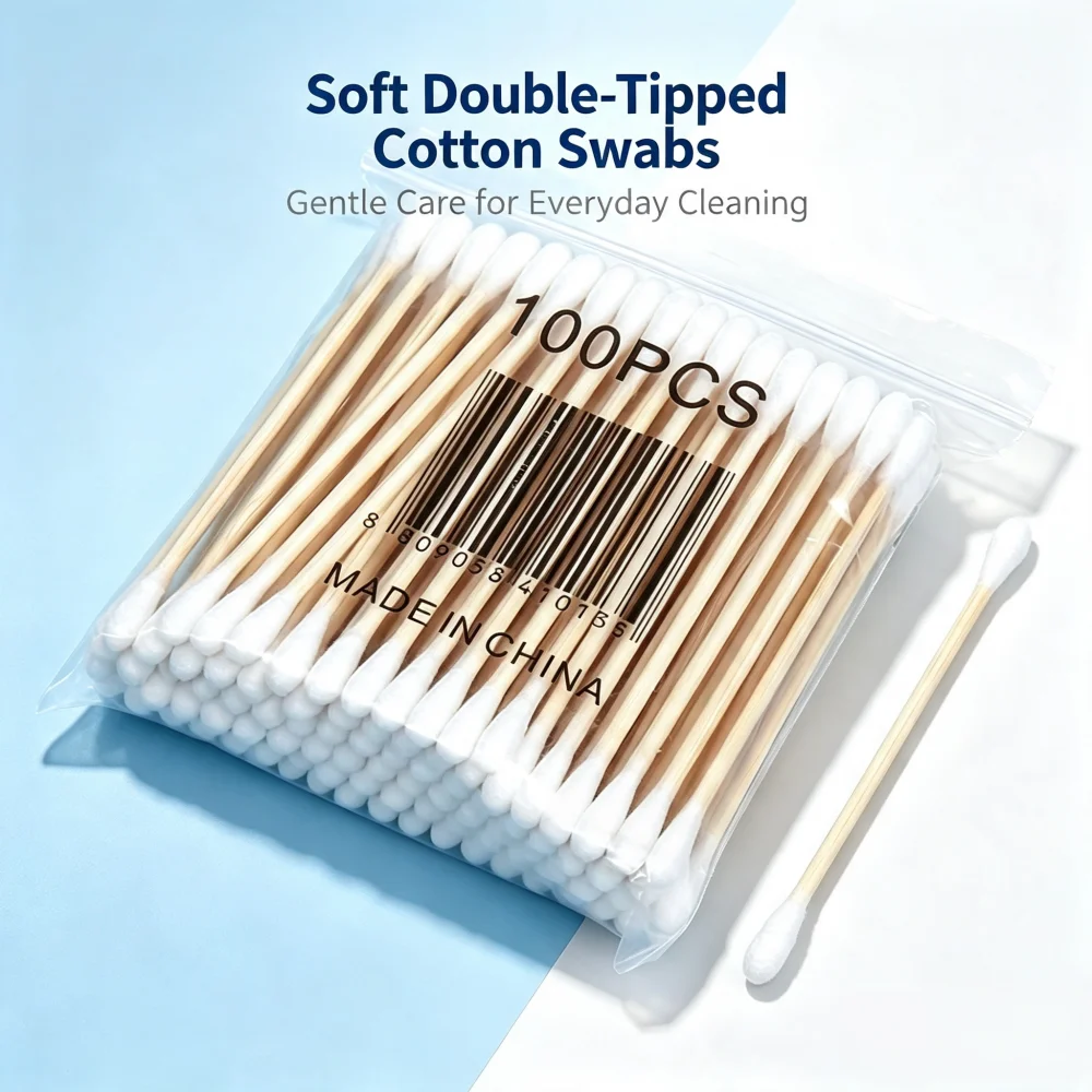 100Pcs Disposable Double Ended Wooden Cotton Swabs, Soft Cotton Buds for Makeup Removal, Ear Cleaning & Household Daily Use
