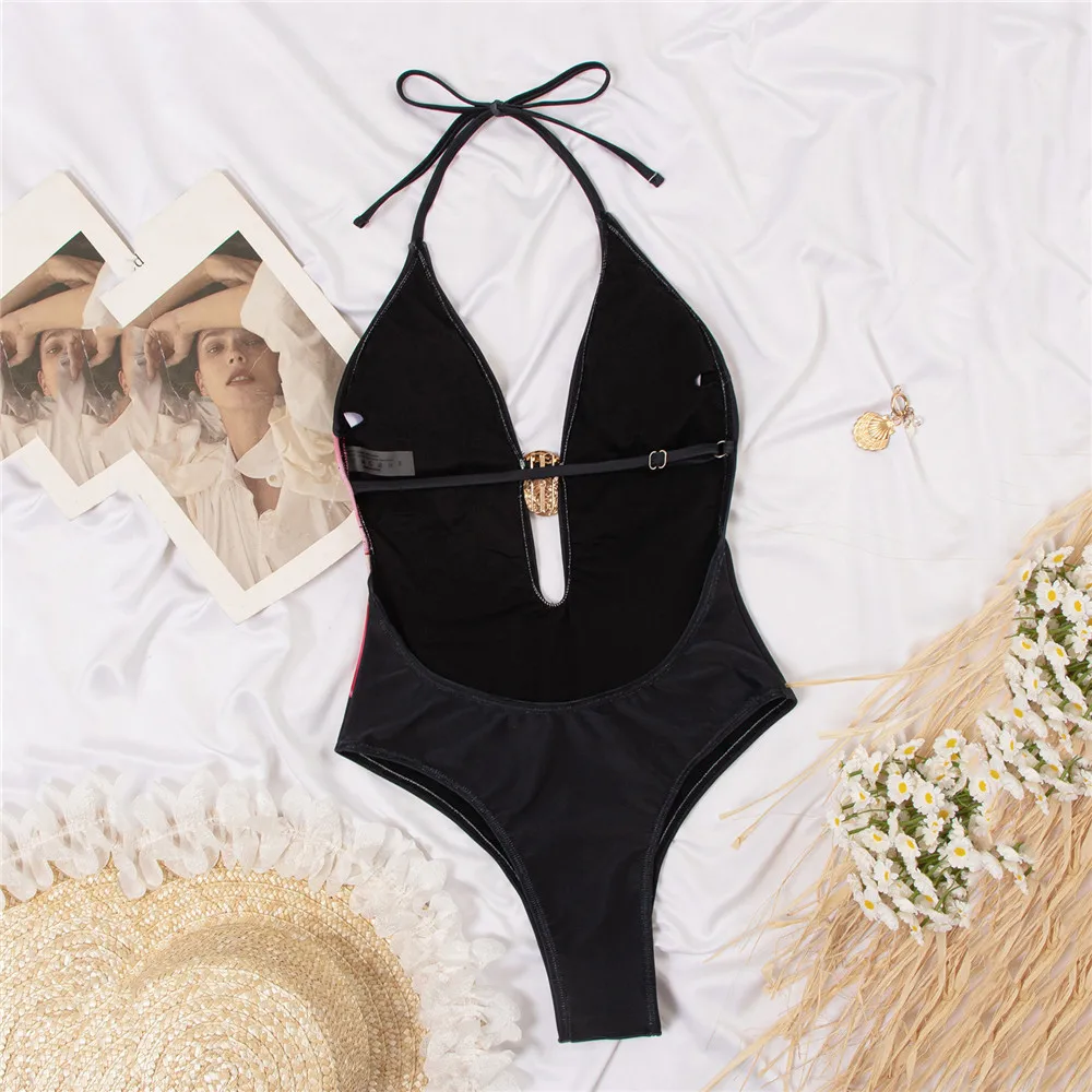 Black Flower Print Backless One Piece Sexy Swimsuit Woman 2026 Metal Shell Swimwear Hollow Out Monokini High Cut Swimming Suit