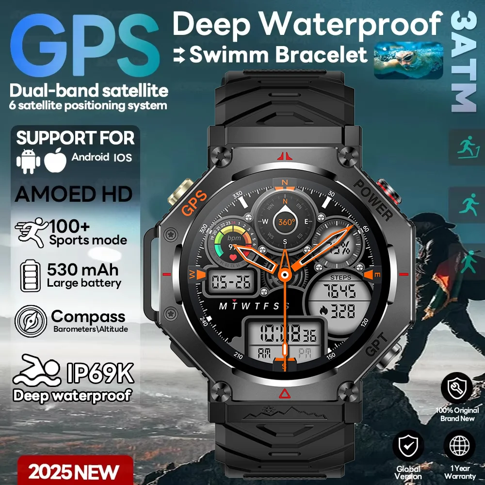 2025 NEW T-Rex 3 Military SmartWatch 10ATM Waterproof Bulit-in GPS Compass Altimeter Barometric AMOLED Bluetooth Call Smartwatc