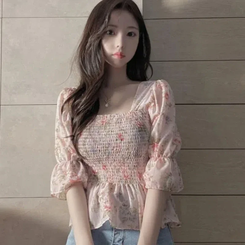 قميص شيفون للنساء بأكمام واسعة مزهّرة جديدة ملفوفة في الصدر والخصر لجعل أن يبدو أن تكون قميصًا نحيفًا للنساء