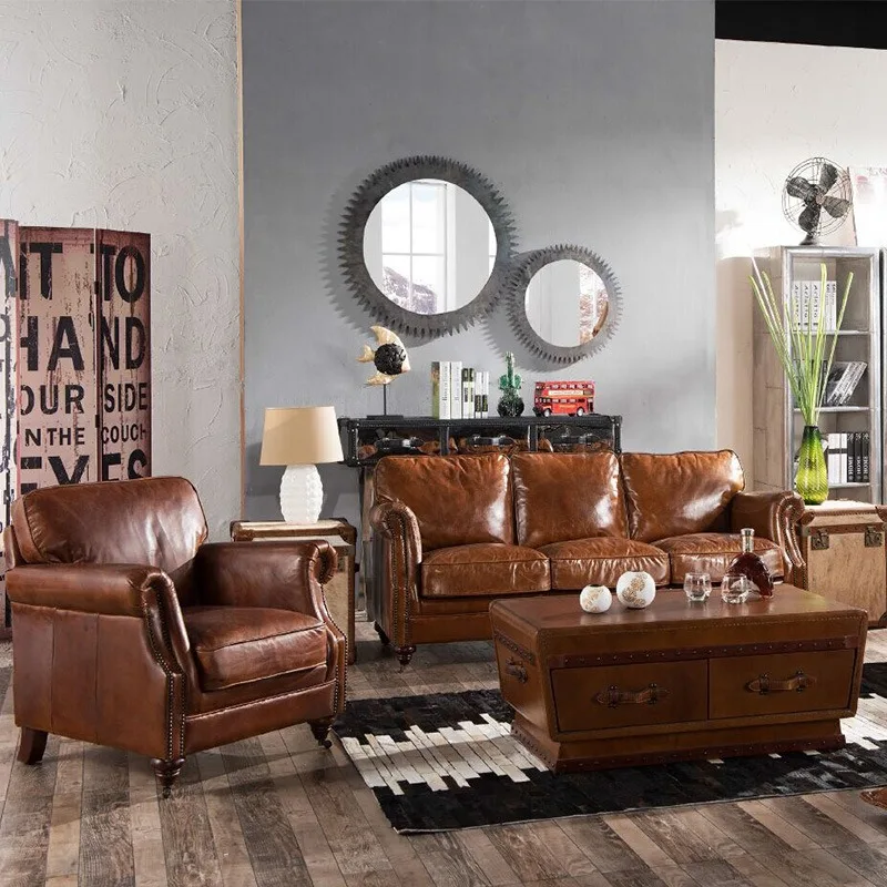 

Leather sofa first layer cowhide all leather small apartment living room sofa leather art down American country sofa furniture