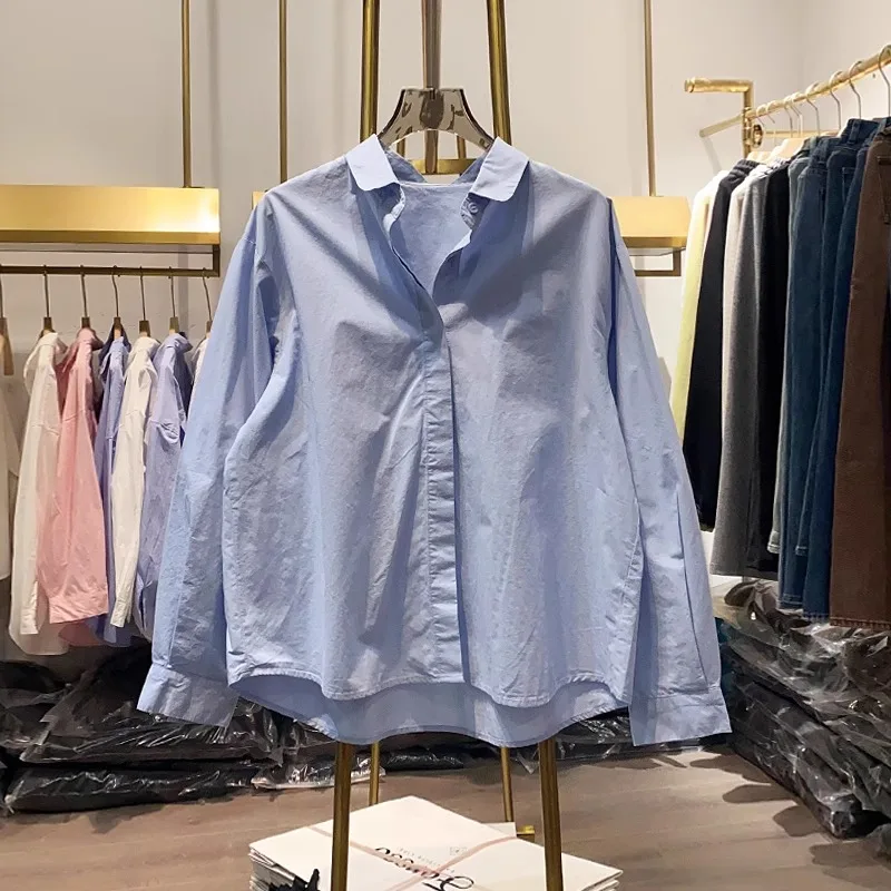 

Женская повседневная свободная блузка из чистого хлопка с длинными рукавами в корейском стиле для весны и осени