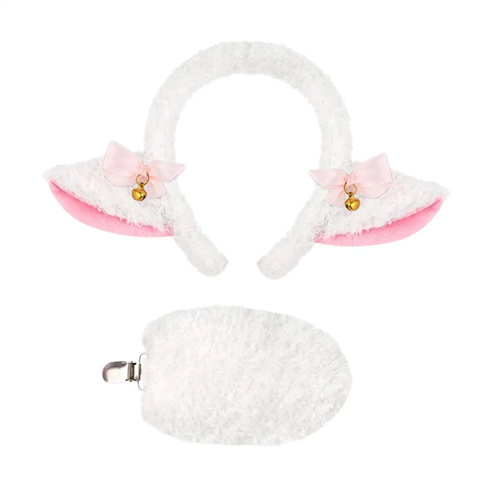 Plush Sheep Ears Headband with Bell Bowknot and Tail Women Hair Accessories Cute Lamb Cosplay Set for Themed Carnival Events