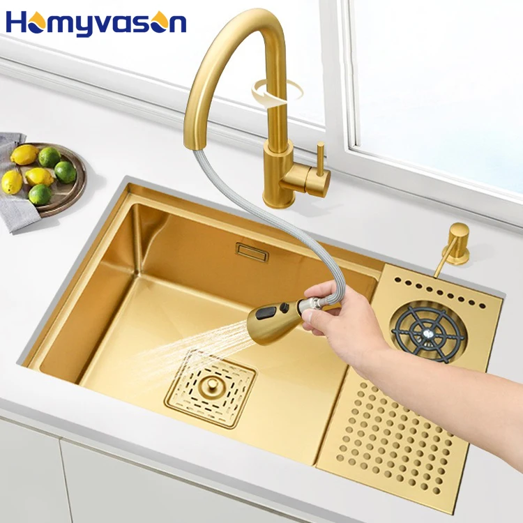 

Gold Double Bowl Waterfall Stainless Steel Handmade Smart Multifunction Kitchen Sink