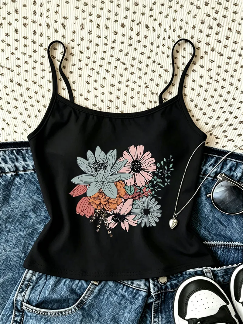 Women Harajuku Camisole Top Retro Flower Casual Crop Top Vest Gothic 90s Chic Women'S Tank Top Girls Spring Summer