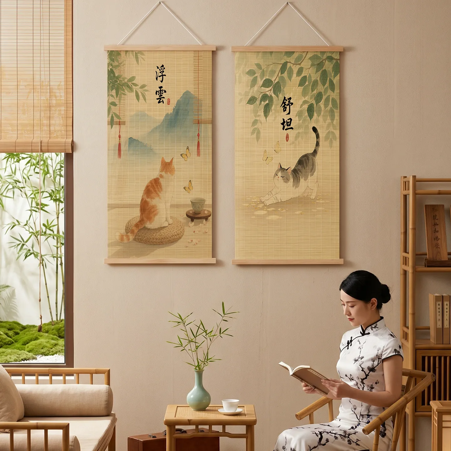 Home Decor Healing Cat Bamboo Scroll Wall Art Leisure Whimsical for Bedroom Living Room Reading Nook Room Decor Aesthetic