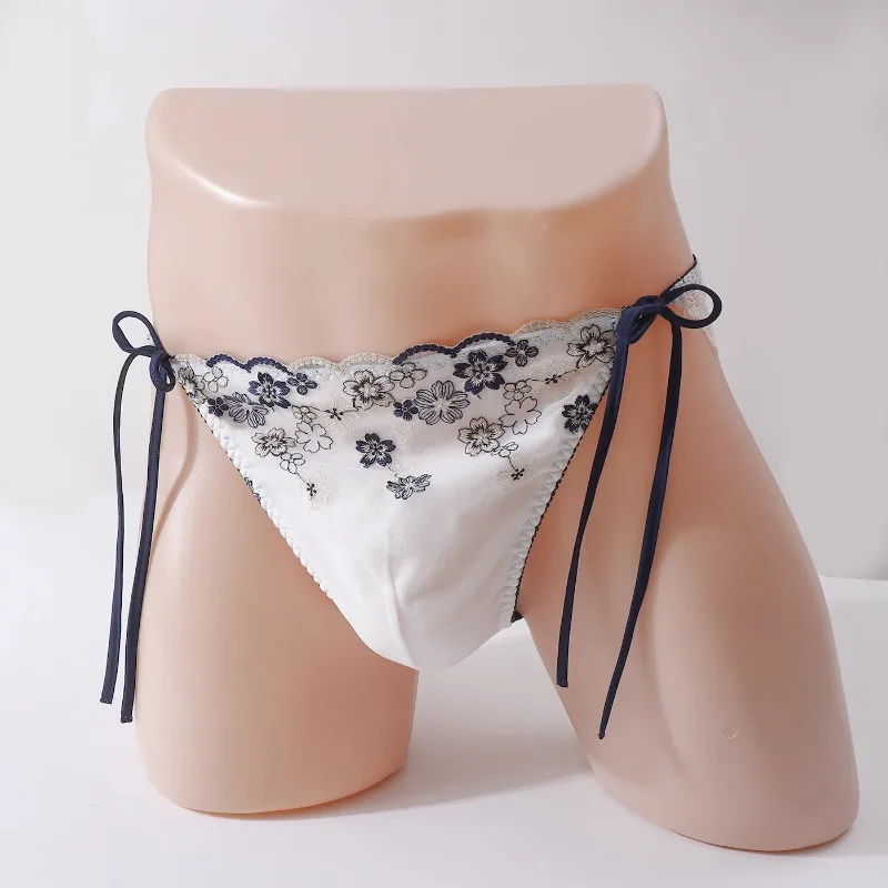 

Embroidery Sexy Strap Underwear Men's Lace Bandage Briefs Transparent Soft Male Convex Pouch Underpants Slip Homme Man Panties