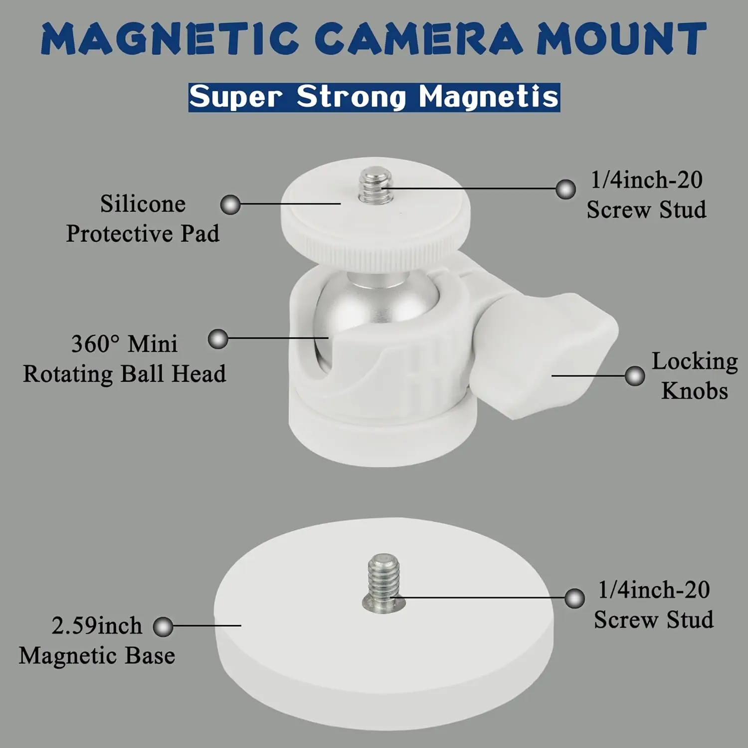 White Magnetic Camera Mount, Strong Magnetic Mount with 360° Rotation Ball Head, Security Camera Holder with 1/4 inch Thread