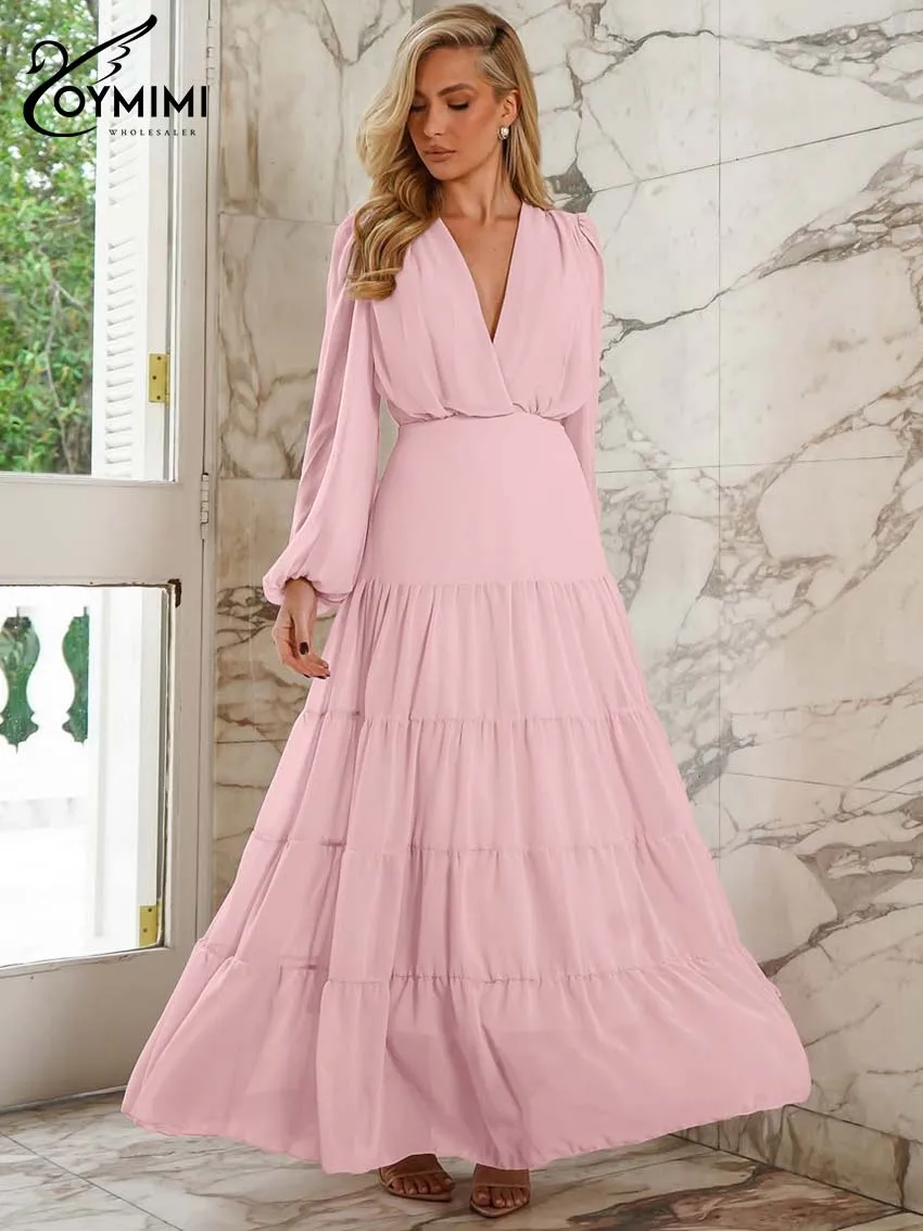 

Oymimi Elegant Pink V-Neck Dresses 2025 Woman Fashion Long Sleeve High Waisted Loose Dresses Casual Pleated Ankle-Length Dress