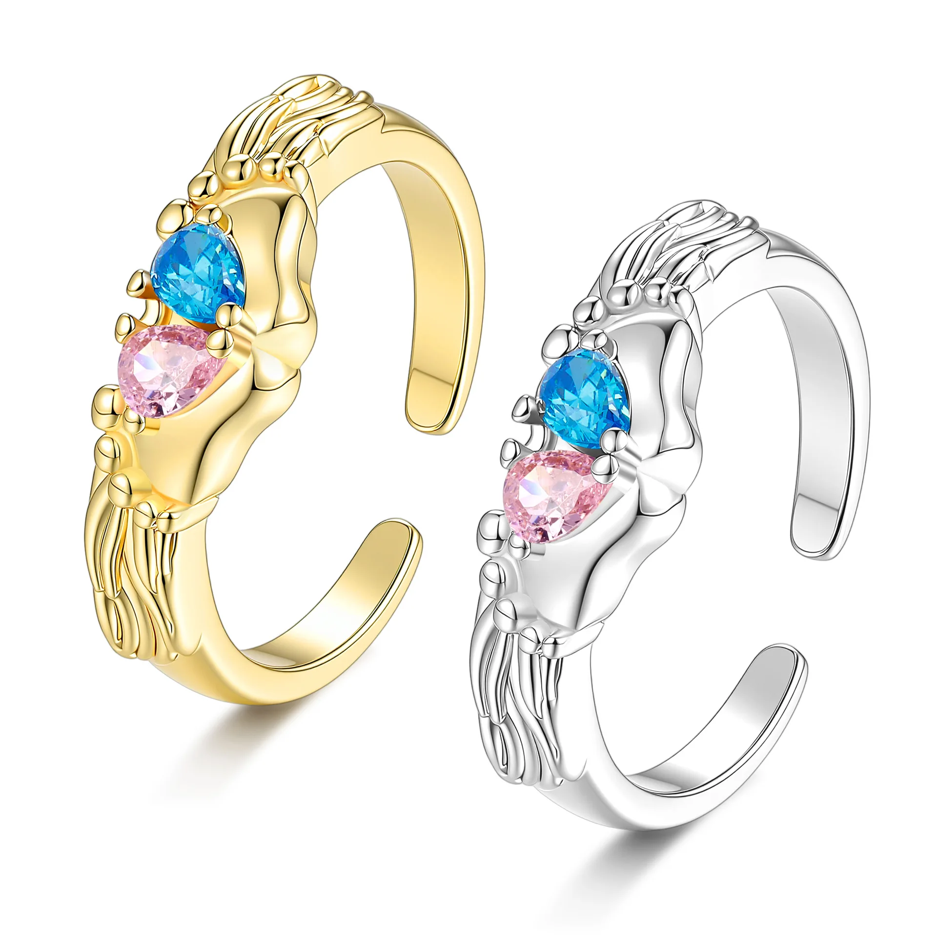 Angel Mom Footprint Heart Ring Open Adjustable Wings Ring for Women Unique Memorial Jewelry Gift for Mother