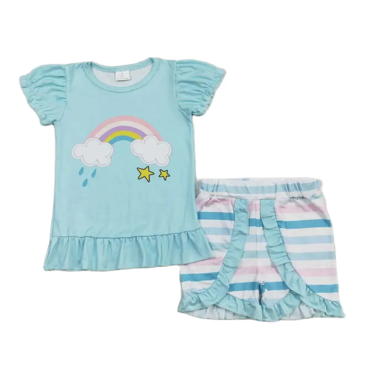 Boutique all'ingrosso arcobaleno abbigliamento bambino ragazze abiti estivi bambino maniche corte Top pantaloncini verdi bambini nuovi arrivi set