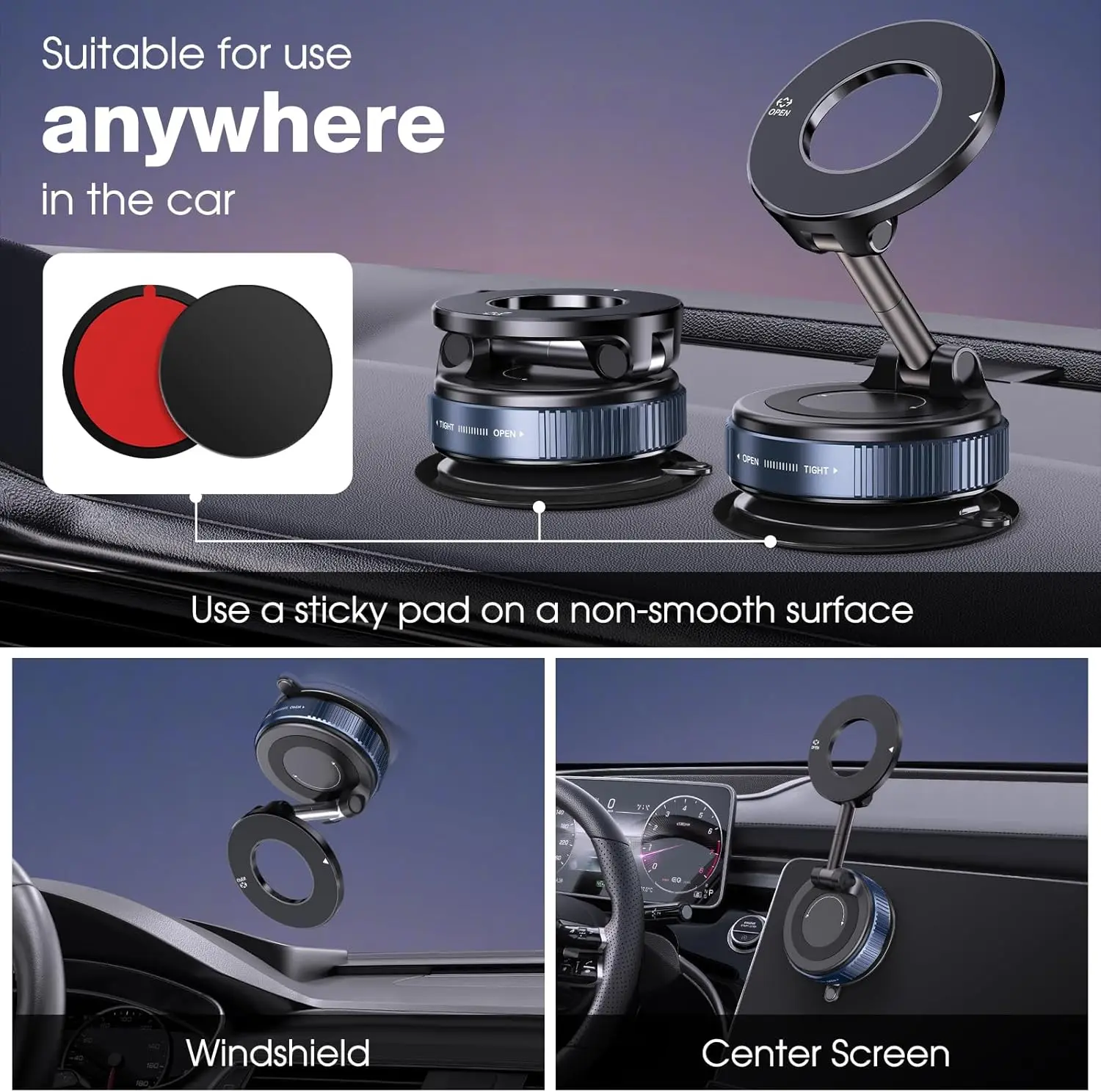 360° Rotatable Vacuum Magnetic Phone Holder Foldable and Retractable Suction Cup Phone Mount for Car/Gym/Mirror/Smooth Surface