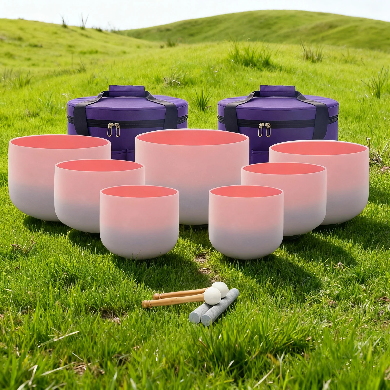 مجموعة أوعية الغناء الكريستالية الوردية والأرجوانية من Hye-eun مكونة من 7 قطع من أوعية الغناء التبتية مع حقيبة للاسترخاء في شفاء الصوت واليوجا #1