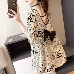 Women Print  T Shirt 2024 Summer Lady Long Sleeve Hollow Out Sexy Streetwear Harajuku Top