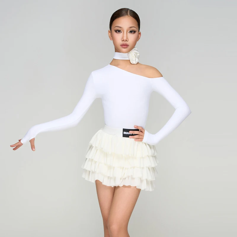 Vestidos de baile latino Samba para niños, traje de competición de baile latino para niñas, Top con hombros inclinados, falda para pastel, traje de actuación SL14054