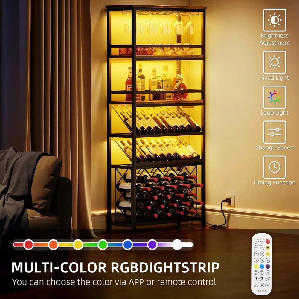 42 Bottles Tall Wine Bar Rack Cabinet With RGB LED Lights and Storage Shelf Rustic Brown Freight Free Bar Accessories Home Bars