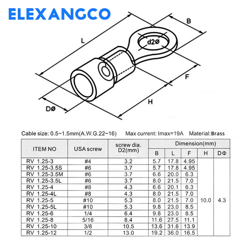 100Pcs RV1.25 Series Insulated Ring Crimp Terminal Electrical Wire Connector For 22-16 AWG 0.5-1.5mm Cable