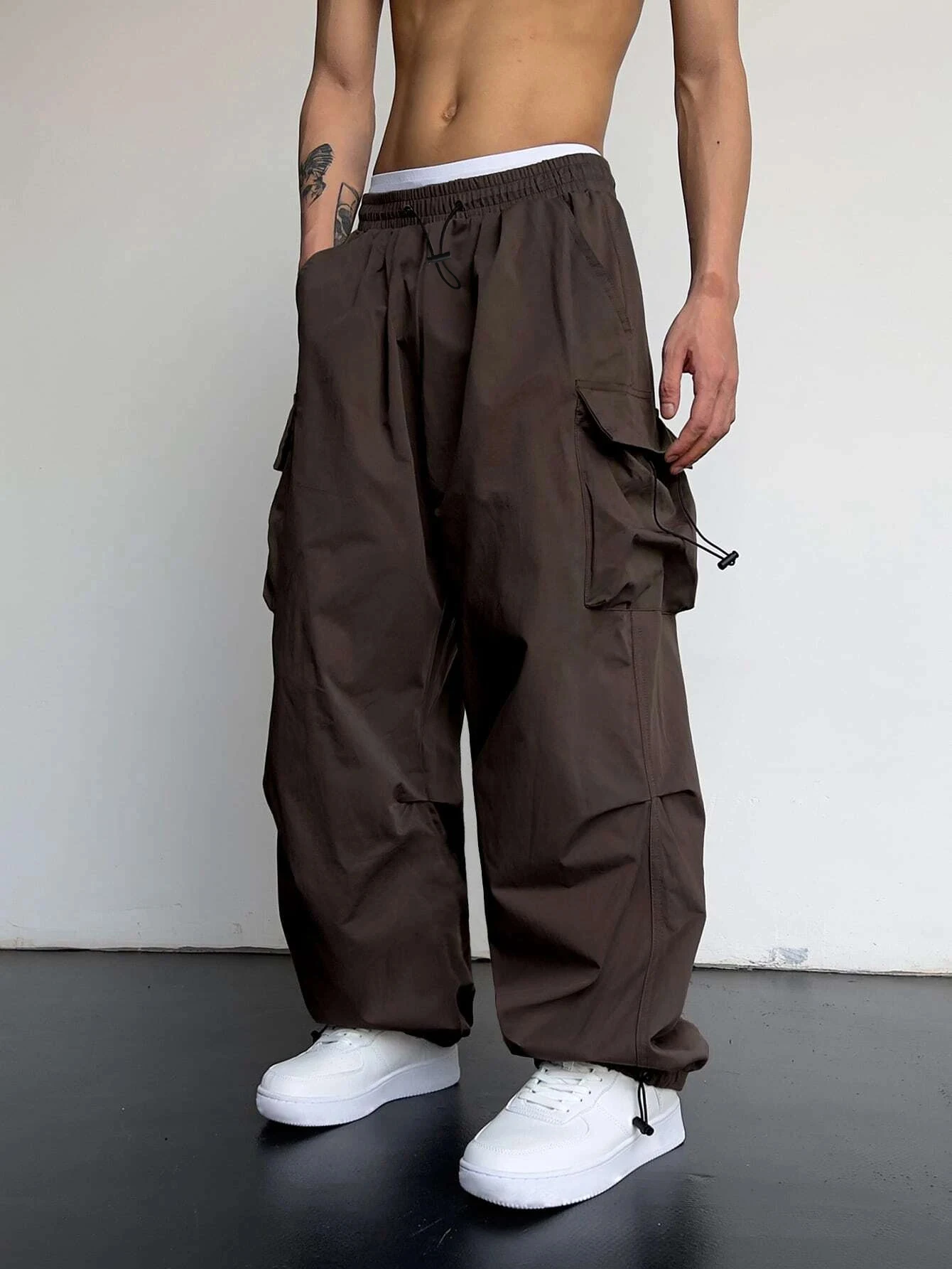 Spring Summer Solid Color Cargo Pants Casual Streetwear Wide Leg Elastic Waist Multi Pocket High Street Drawstring Workwear