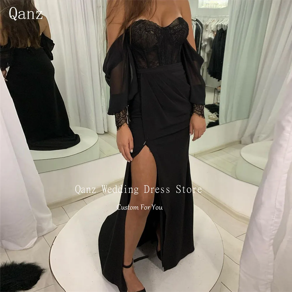 Qanz Black Prom Dresses Sweetheart Long Sleeves Lace High Leg Slit Vestidos De Noche Elegantes Customized Mermaid Party Gowns