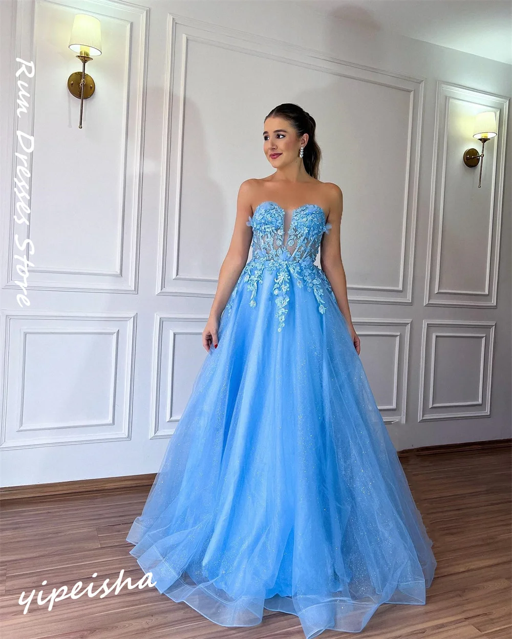 Ball Retro gaun bahu terbuka gaun Quinceanera jaring bunga/Tulle gaun acara Formal jubah Soiree gaun pesta