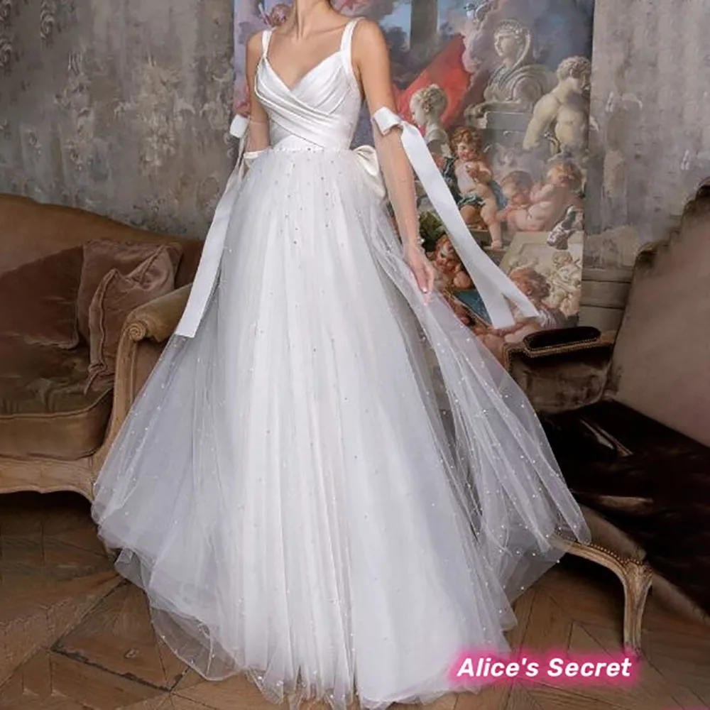 

A-Line Elegant Thick Straps V Neck Draped Pearl Bow Floor Length Court Train Wedding Dress