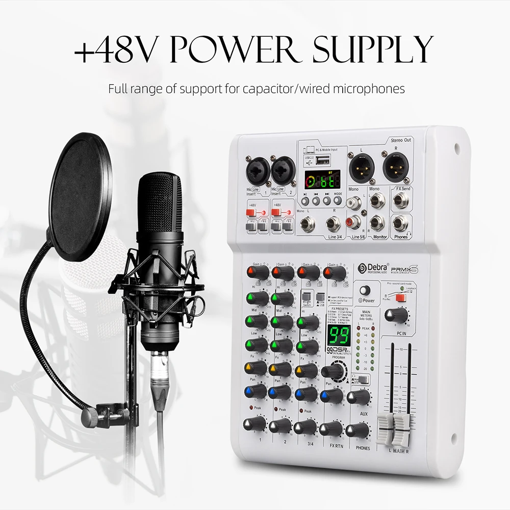 Console mixer audio DJ con 99 DSP e scheda audio Bluetooth collegata al computer per la miscelazione audio professionale