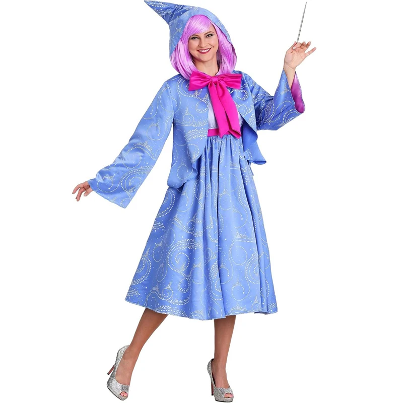 Women Fairy God Mother Costume Deluxe Hooded Cape Party Dress Set Halloween Cosplay Party Outfits