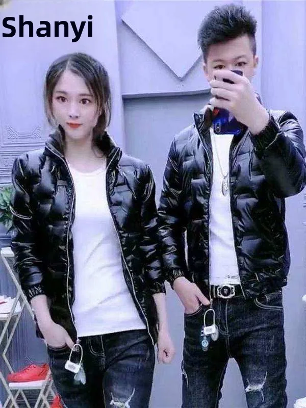 

New Cotton Jacket Men's down Padded Short Thickened Women's Fashionable Social Spirit Couple's Warm Outerwear Glossy Surface