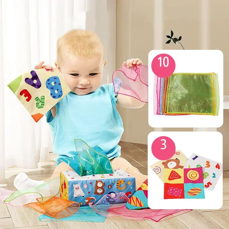 Caixa de tecido do bebê dos desenhos animados montessori brinquedos macio crinkle papel sensorial brinquedos para crianças infantis exercício dedo aprendizagem precoce presentes