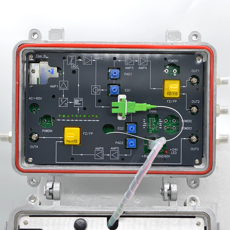 FTTH CATV عقدة في الهواء الطلق AGC استقبال بصري أربعة إخراج 103dBuV كسب قابل للتعديل 0 ~ 20dB للاستخدام مع مصنع ONU أو EOC بالجملة