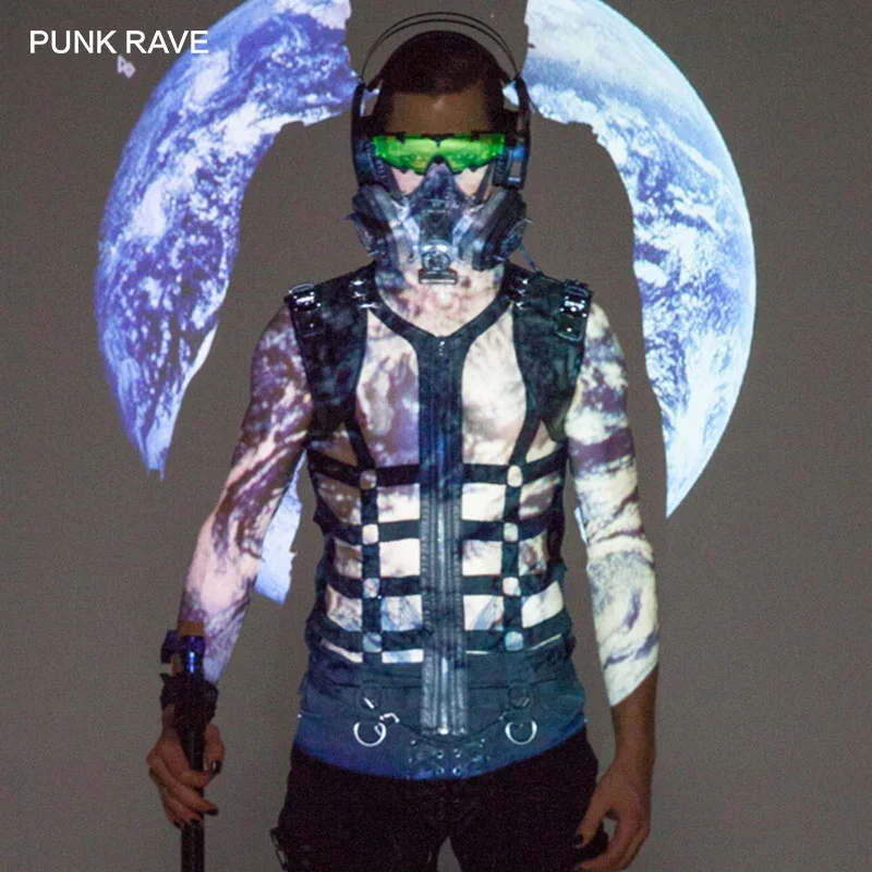 PUNK RAVE New Men's Black Skeleton Pu Personality Hollow-out Vest with Metal Leather Tab and Eyelet Trim Men Tank Tops Halloween