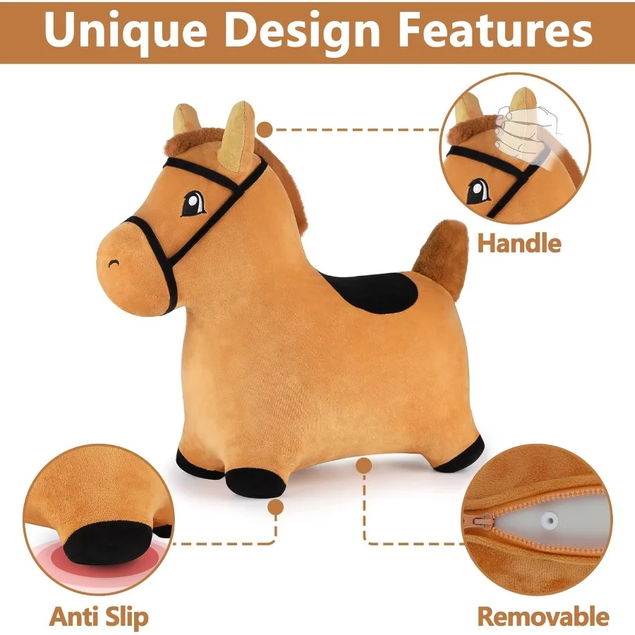 لعبة iPlay iLearn Bouncy Pals Brown Hopping Horse للأطفال الصغار من القطيفة على شكل حيوانات مع نطاط قابل للنفخ ومضخة مدمجة #3